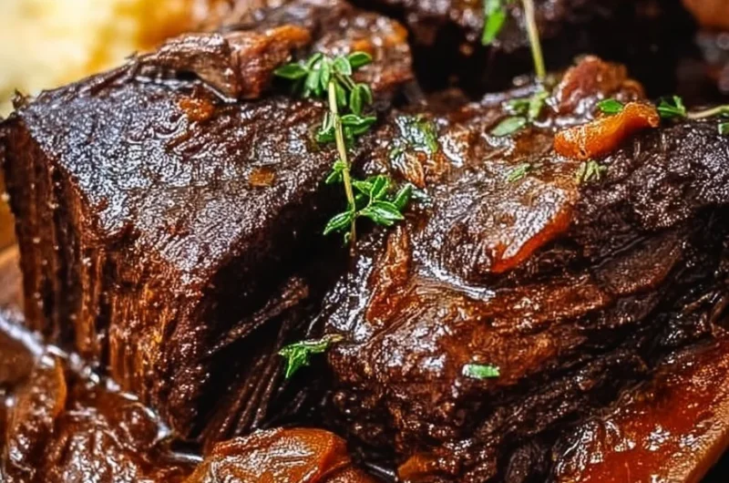 Super tender crockpot beef short ribs served with garnish