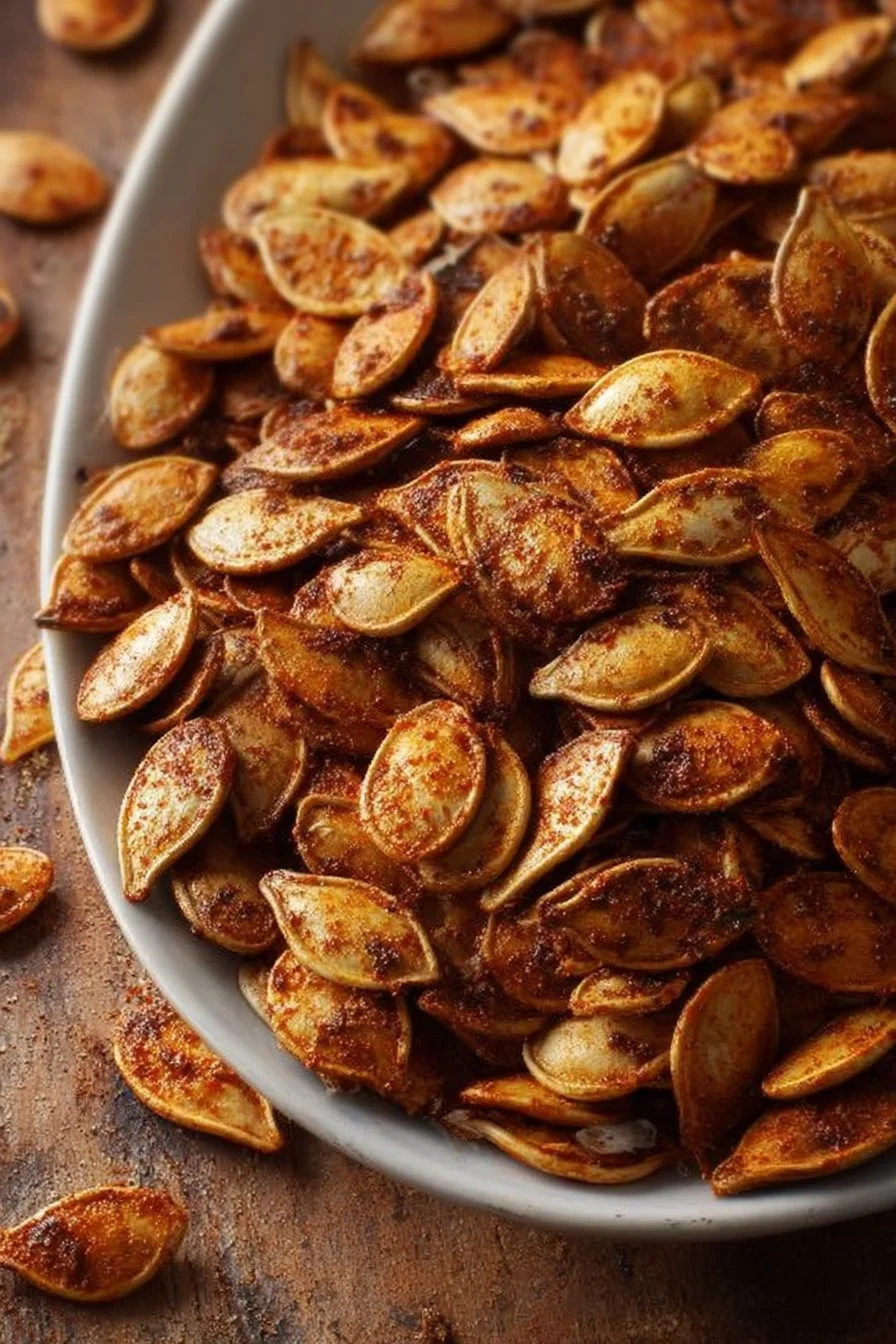 Sweet and spicy roasted pumpkin seeds served in a bowl