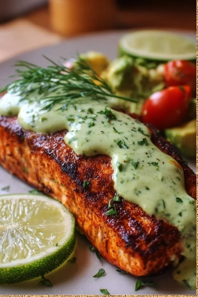 Baked Cajun Salmon with Avocado Lime Sauce on a plate