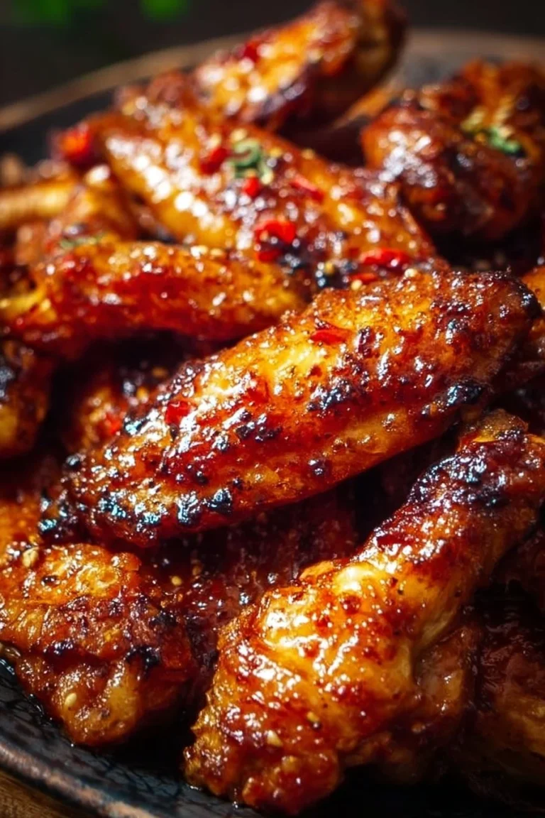 Crispy honey BBQ chicken wings ready to serve, garnished and delicious.
