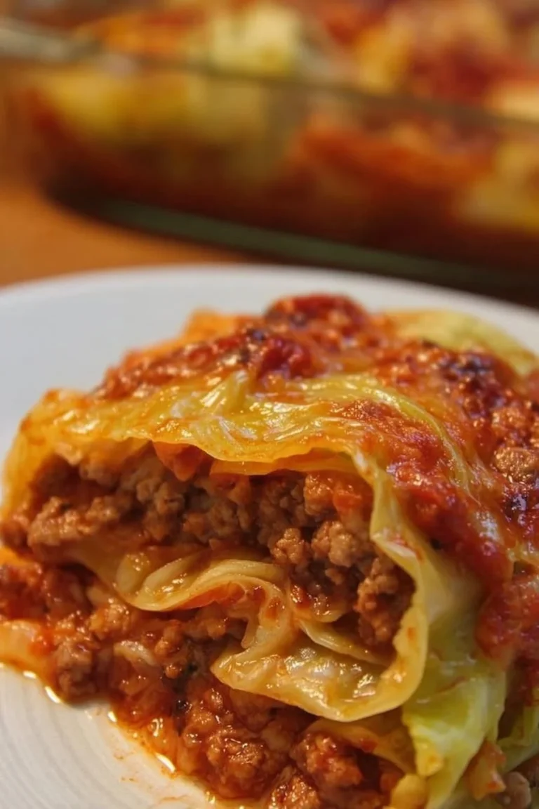 A delicious serving of cabbage roll casserole topped with melted cheese and fresh herbs