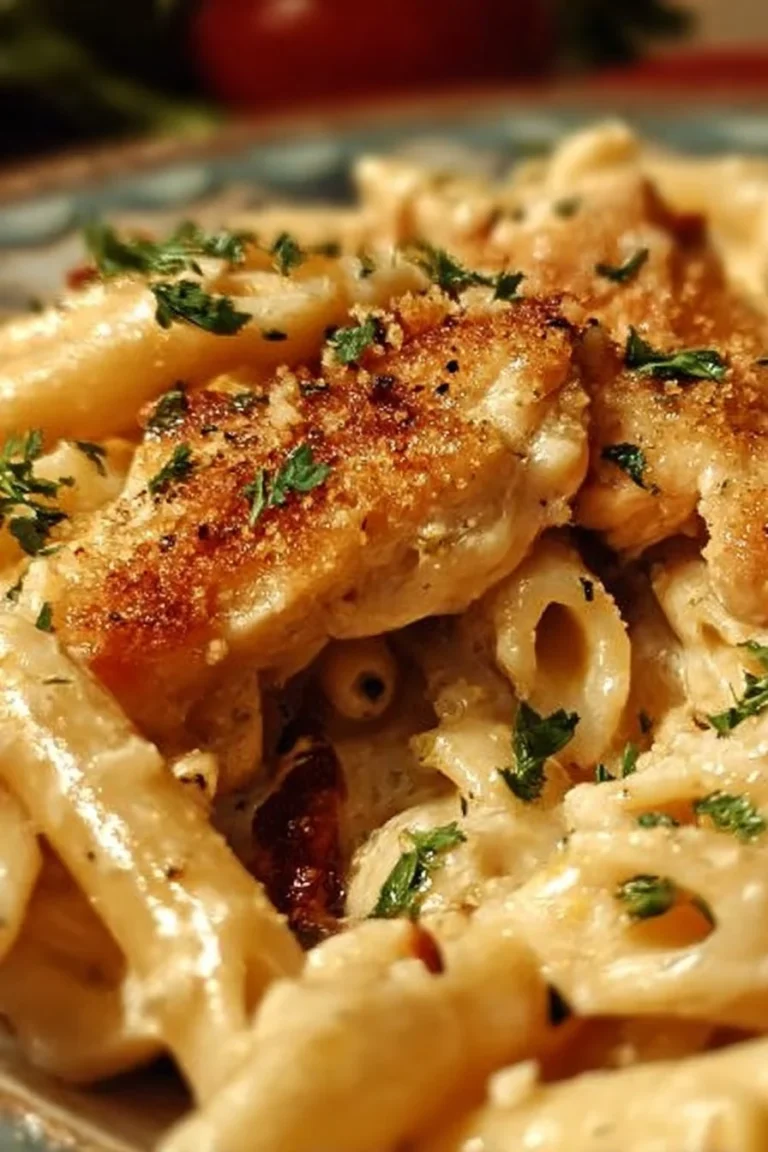 Delicious crack chicken penne topped with herbs and spices
