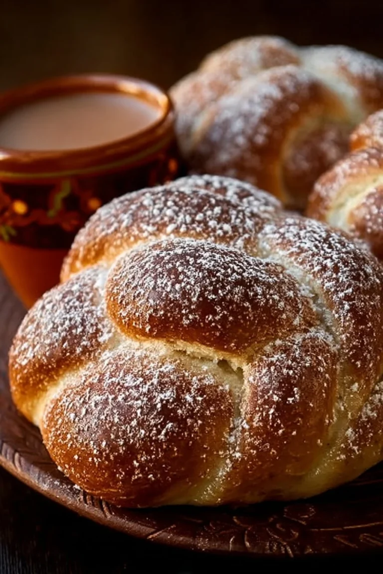 Festive Halloween bread of the dead served on a spooky-themed table.