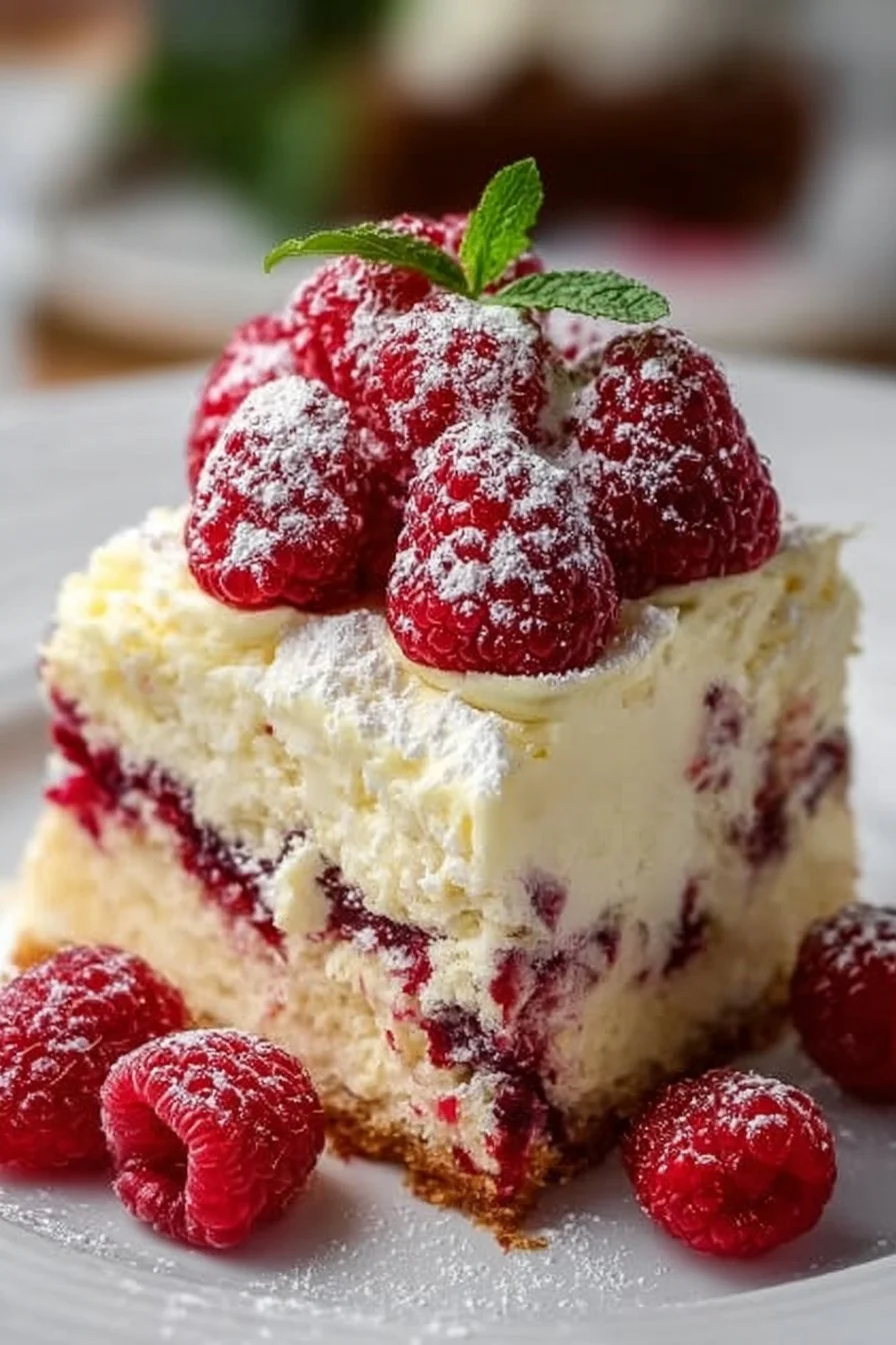 Slice of White Chocolate Raspberry Poke Cake topped with raspberries and cream
