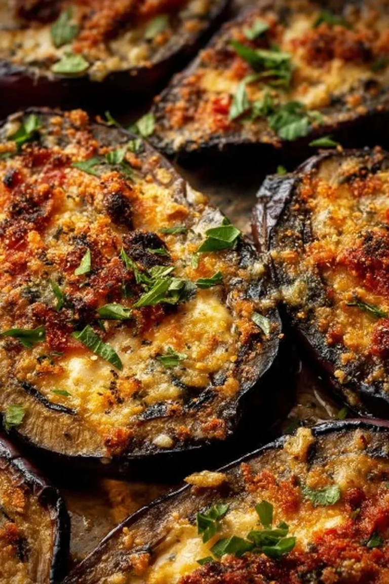 Crispy baked eggplant dish served with fresh herbs and a side of dipping sauce.