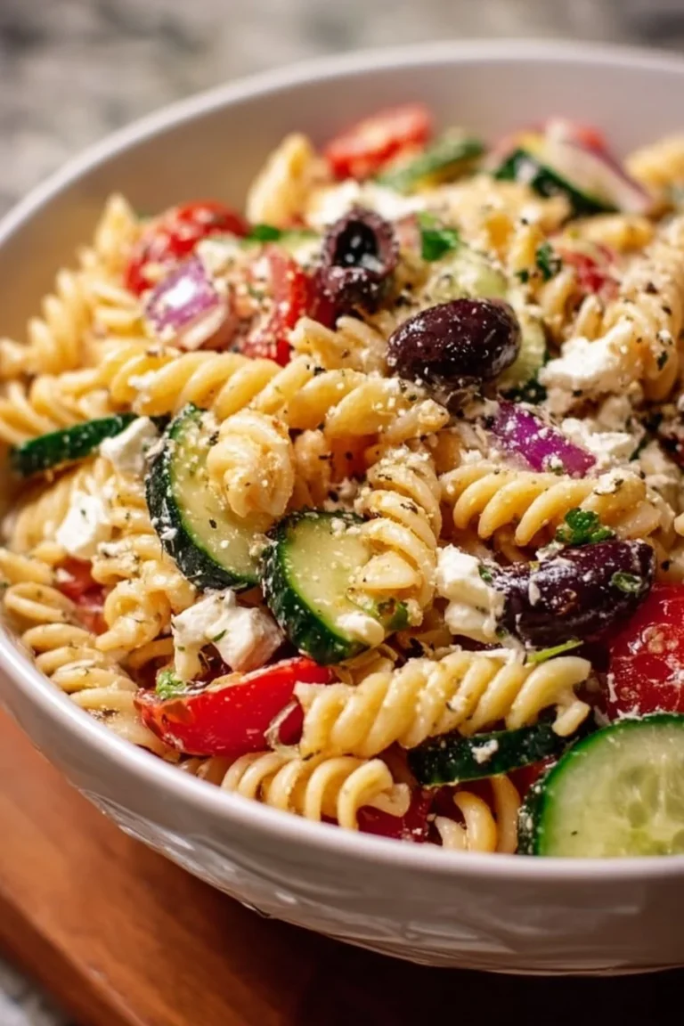 Zesty Ashley Mac's Greek Pasta Salad with fresh vegetables and feta cheese