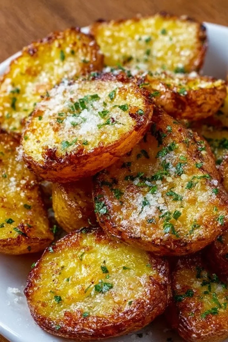 Crispy Air Fryer Baked Garlic Parmesan Potatoes garnished with herbs.