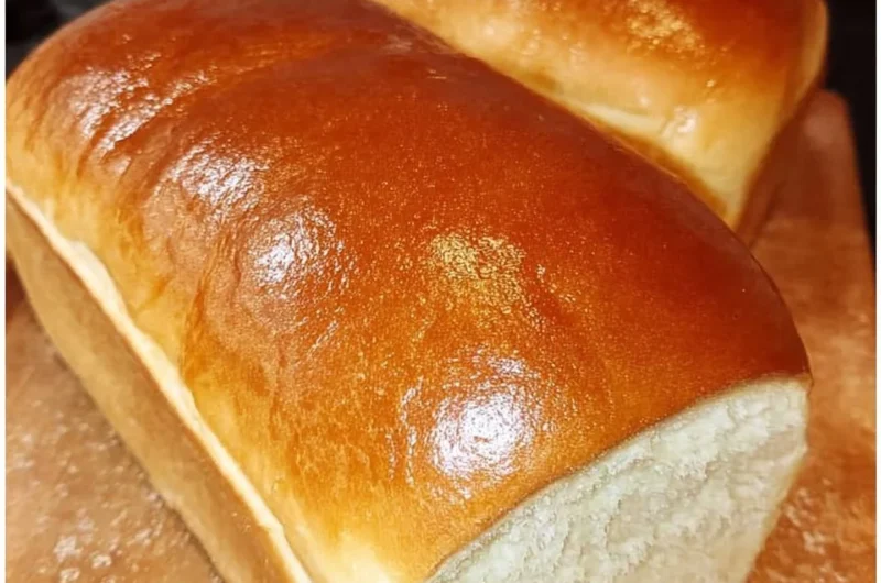 Loaf of Amish White Bread freshly baked and sliced on a wooden cutting board.