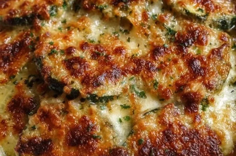 Baked zucchini parmesan casserole served in a dish with cheese and herbs
