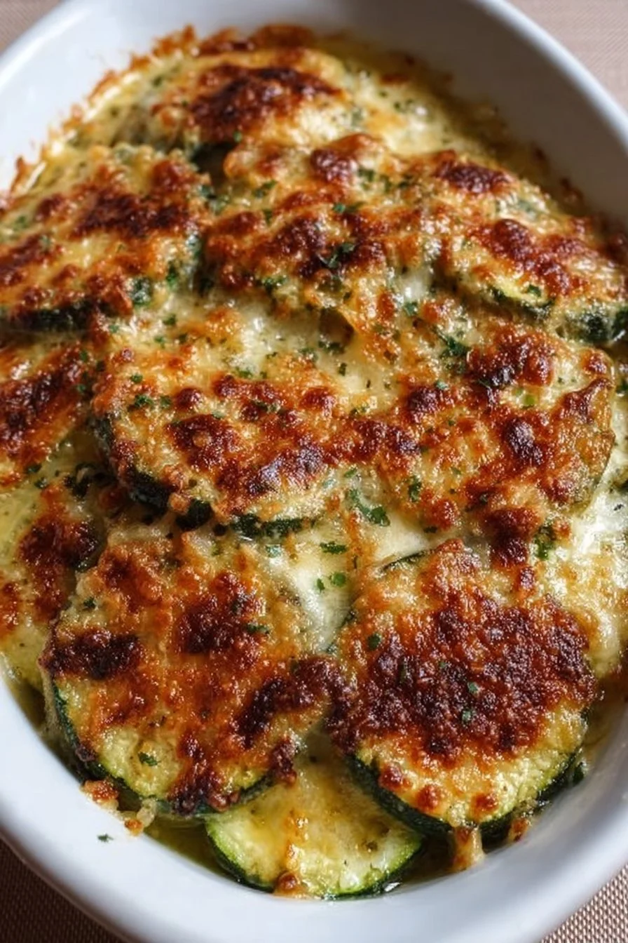 Baked zucchini parmesan casserole served in a dish with cheese and herbs