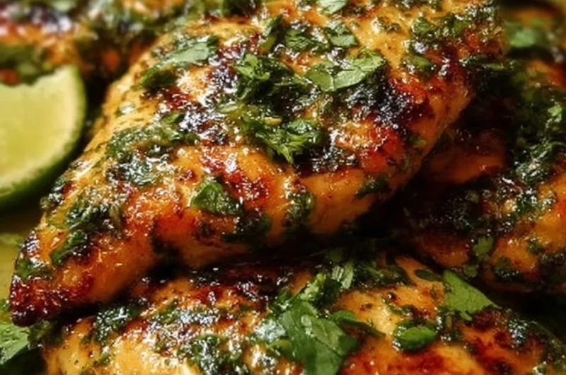 Cilantro lime chicken served with fresh herbs and lime wedges on a plate.