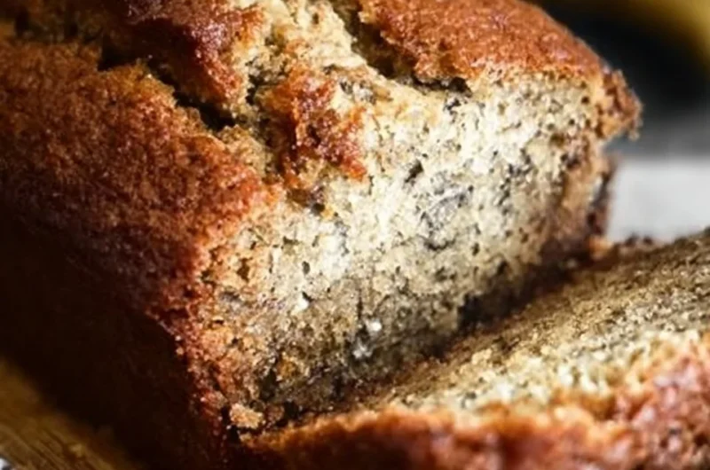 Delicious slice of classic banana bread on a wooden cutting board.