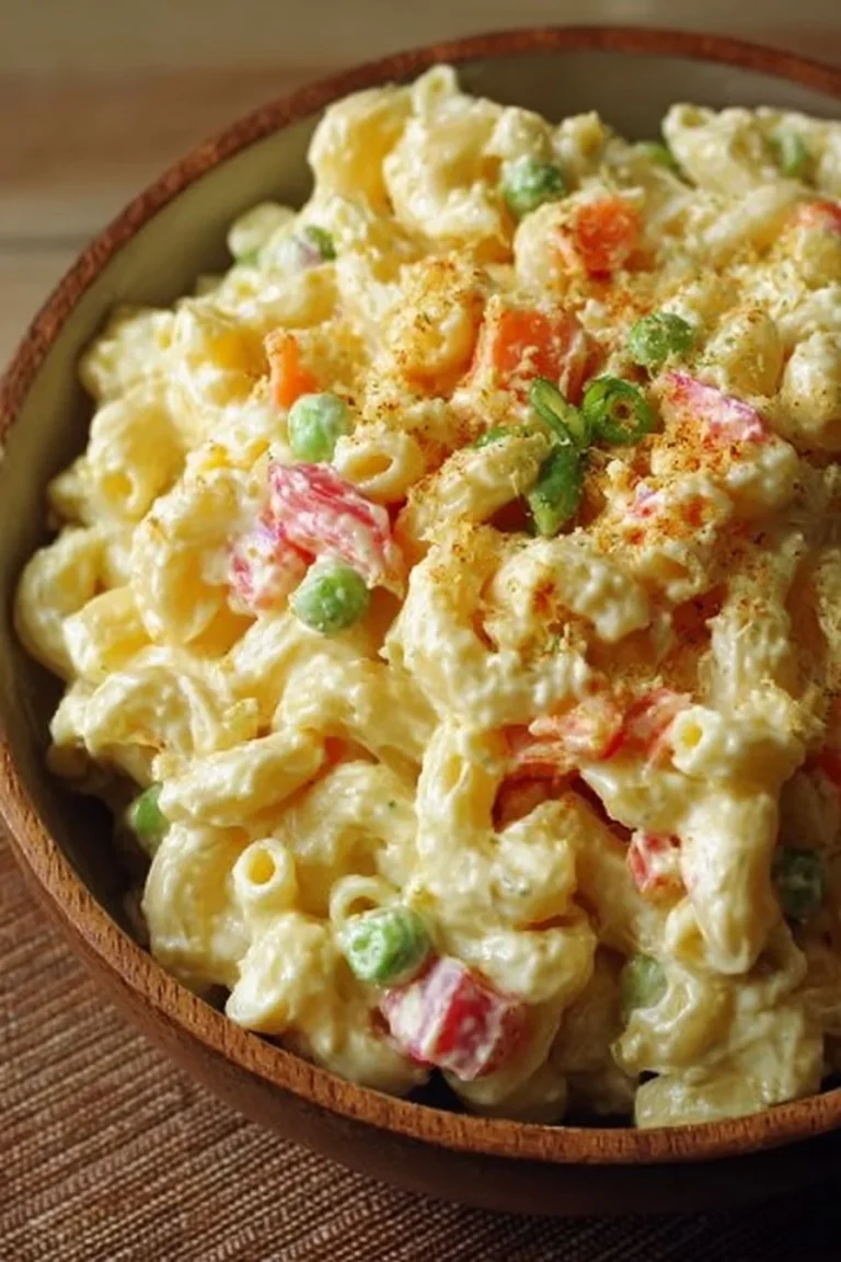 Bowl of Classic Hawaiian Macaroni Salad with creamy dressing and fresh ingredients