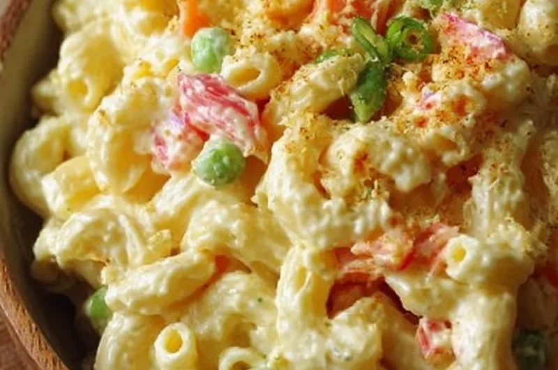 Bowl of Classic Hawaiian Macaroni Salad with creamy dressing and fresh ingredients