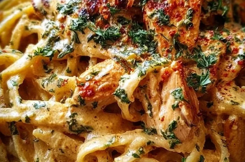 Creamy Cowboy Butter Chicken Linguine served on a plate garnished with herbs