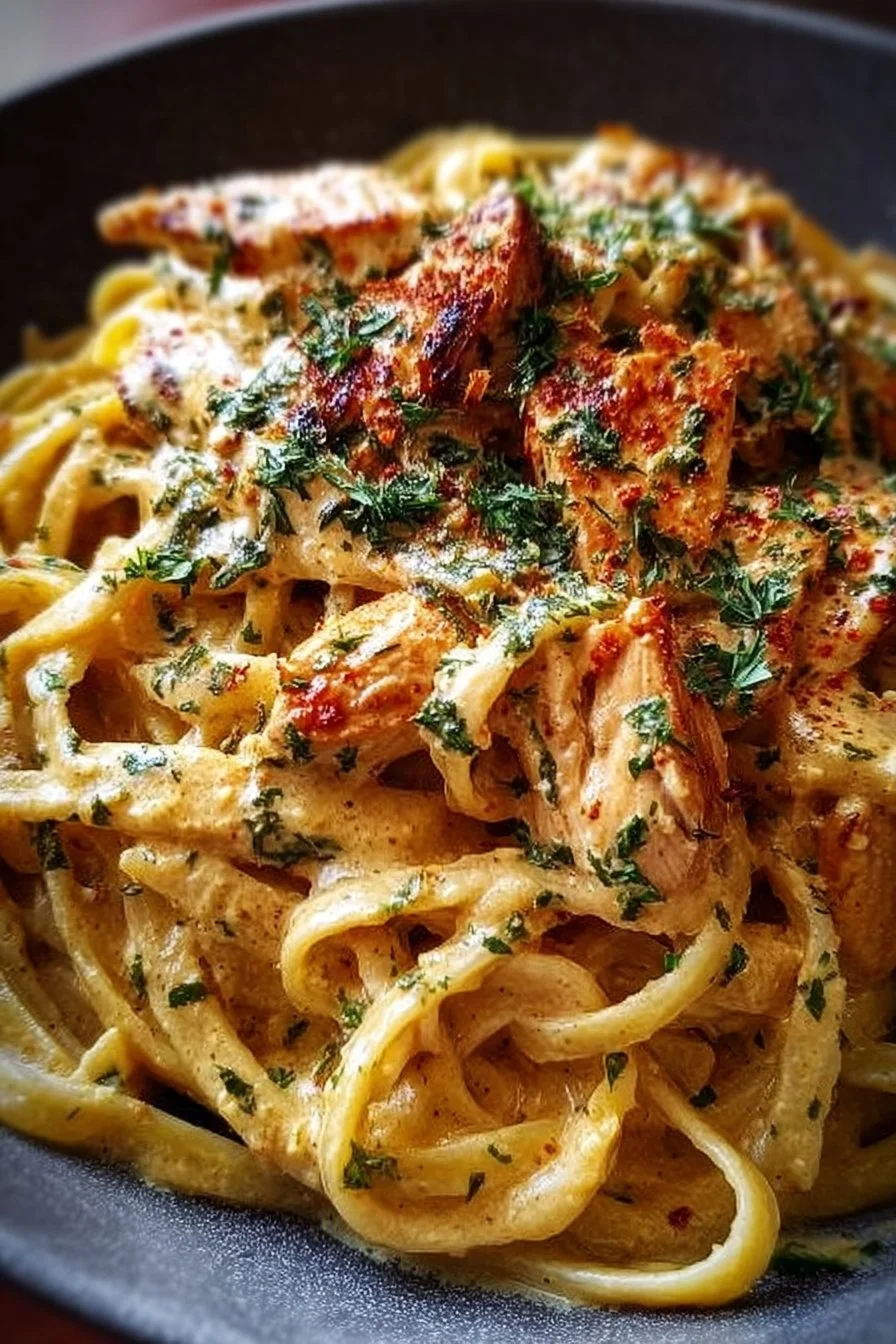 Creamy Cowboy Butter Chicken Linguine served on a plate garnished with herbs