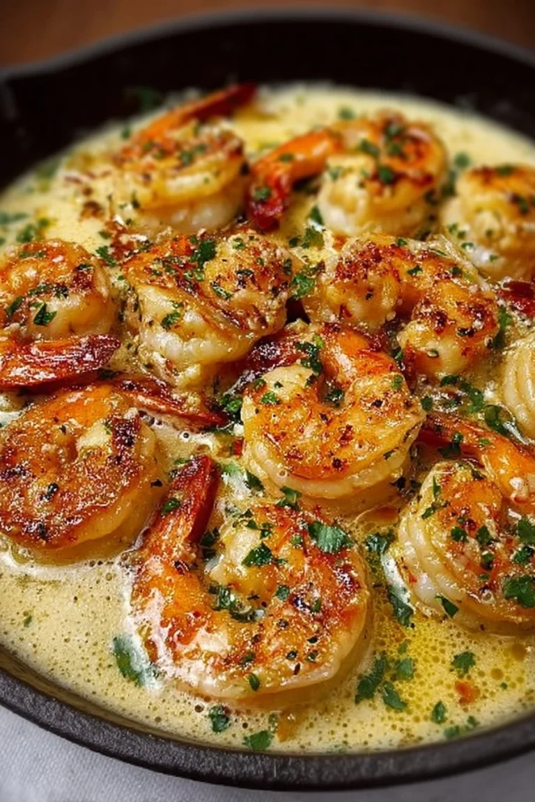 Creamy garlic shrimp served in a skillet with herbs and spices