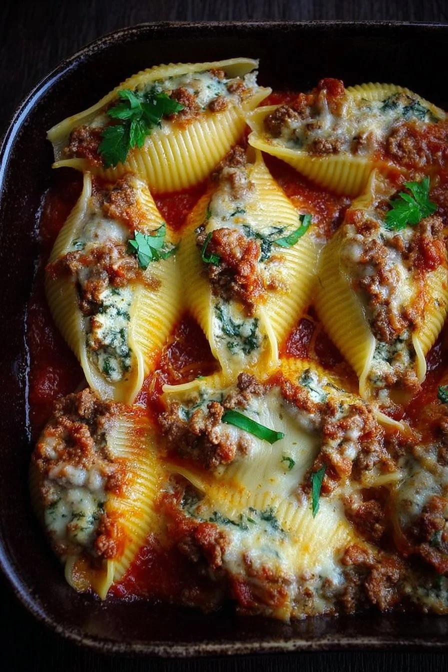 Creamy ricotta beef stuffed shells pasta served in a bowl