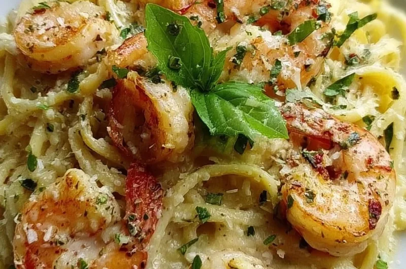 Creamy shrimp pasta dish served with herbs and garnished