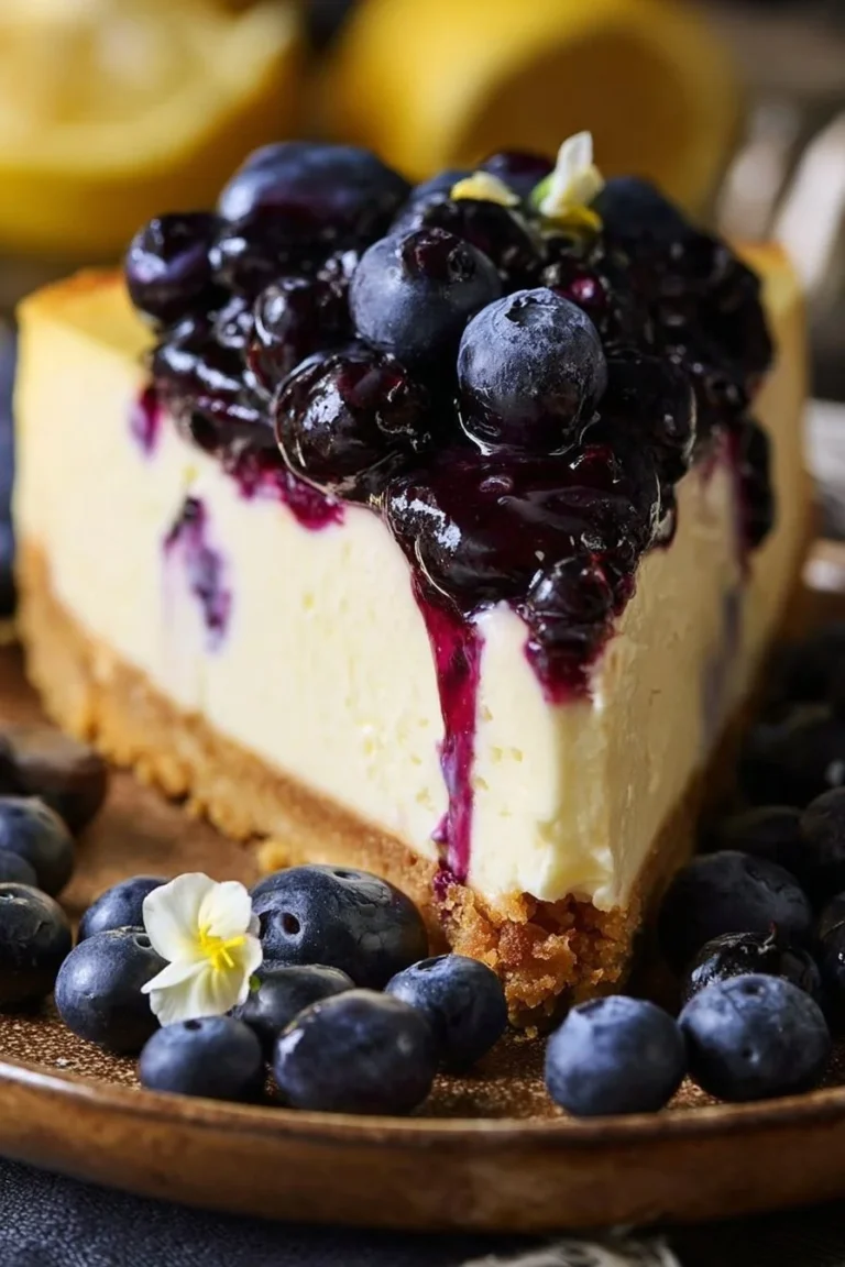 Delicious lemon blueberry cheesecake topped with fresh blueberries
