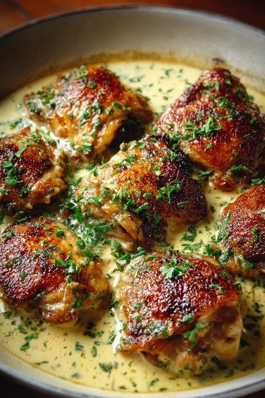 Easy Bobby Flay chicken thighs with creamy garlic sauce plated on a table