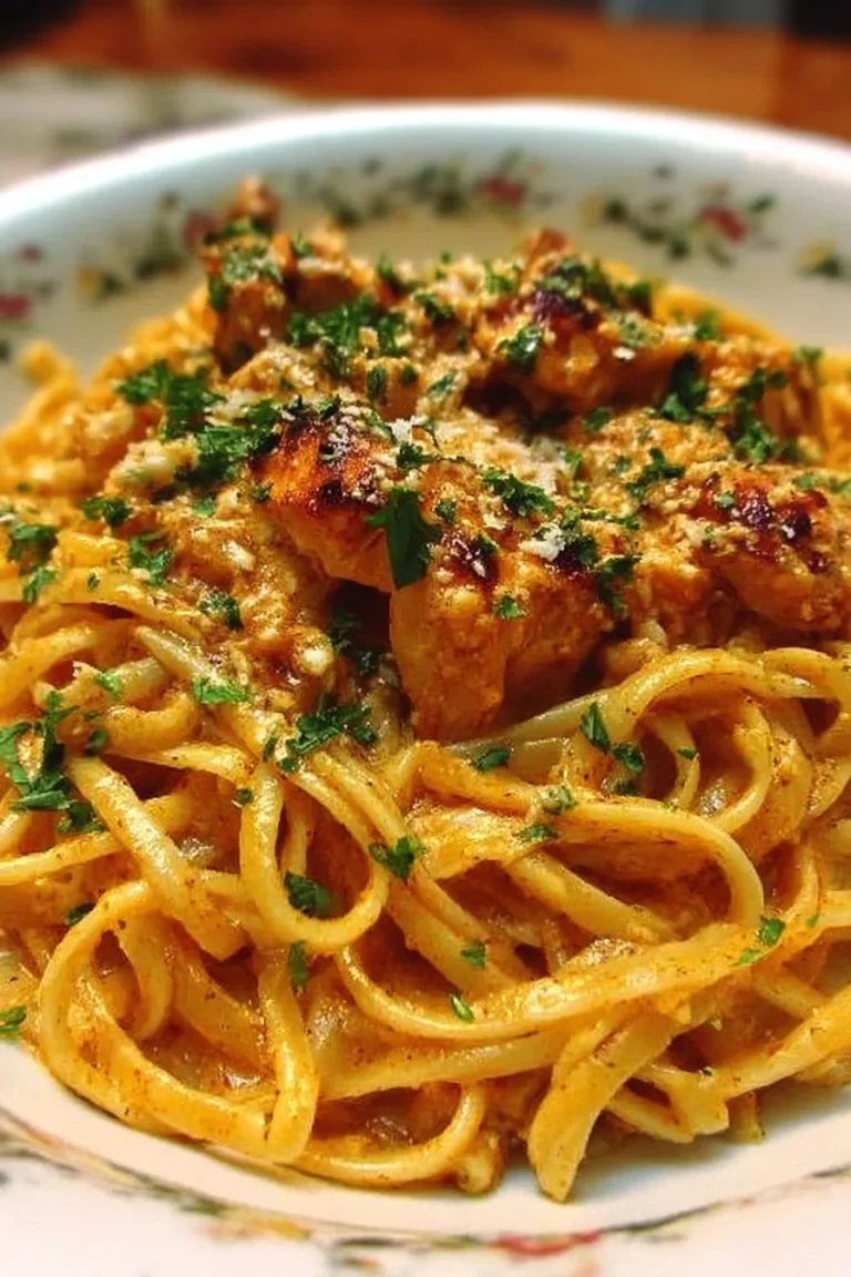 Delicious Cowboy Butter Chicken served with linguine pasta on a plate.