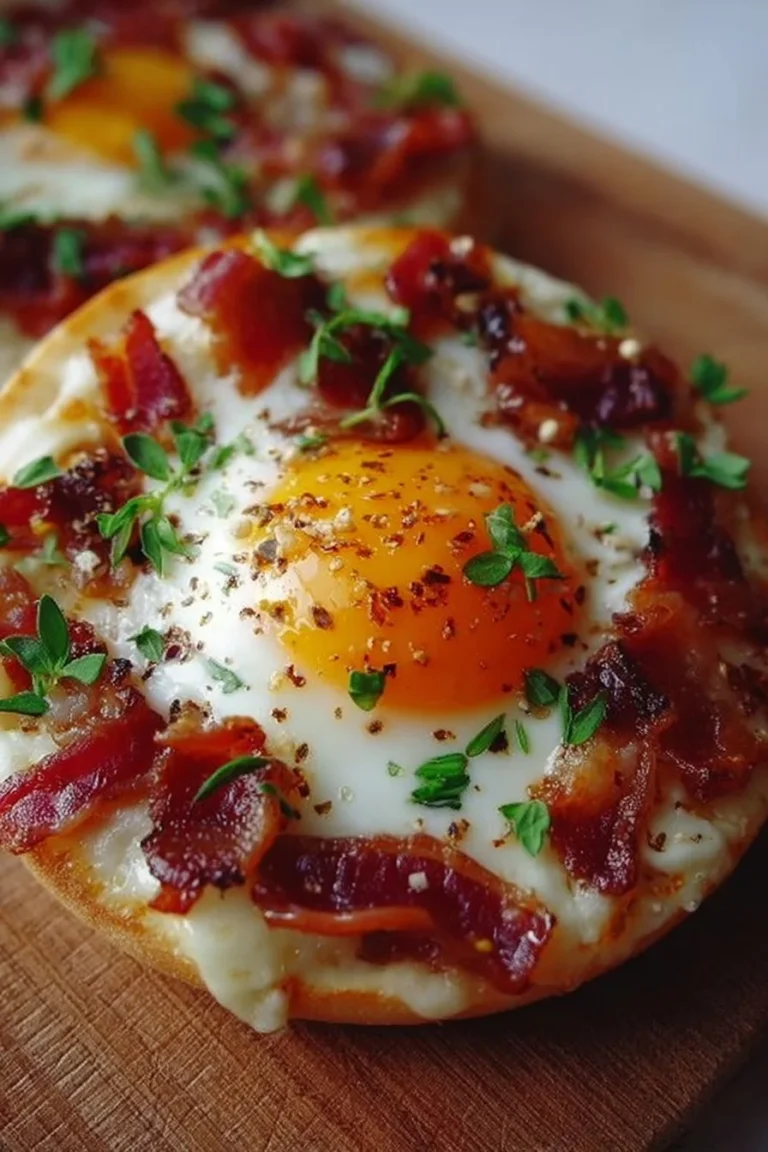 Delicious English Muffin Breakfast Pizza topped with eggs and cheese