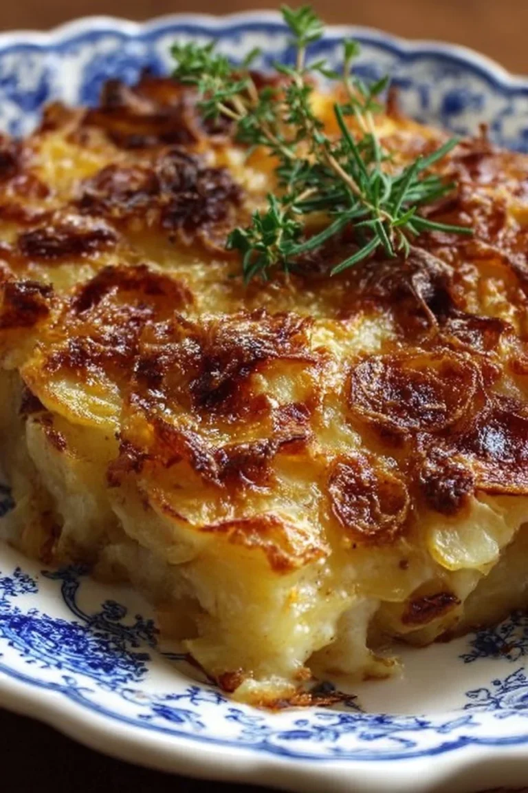 French Onion Potato Bake topped with cheese and caramelized onions