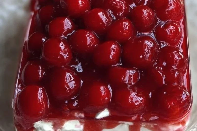 Grandma's Cherry Delight dessert topped with cherries and whipped cream
