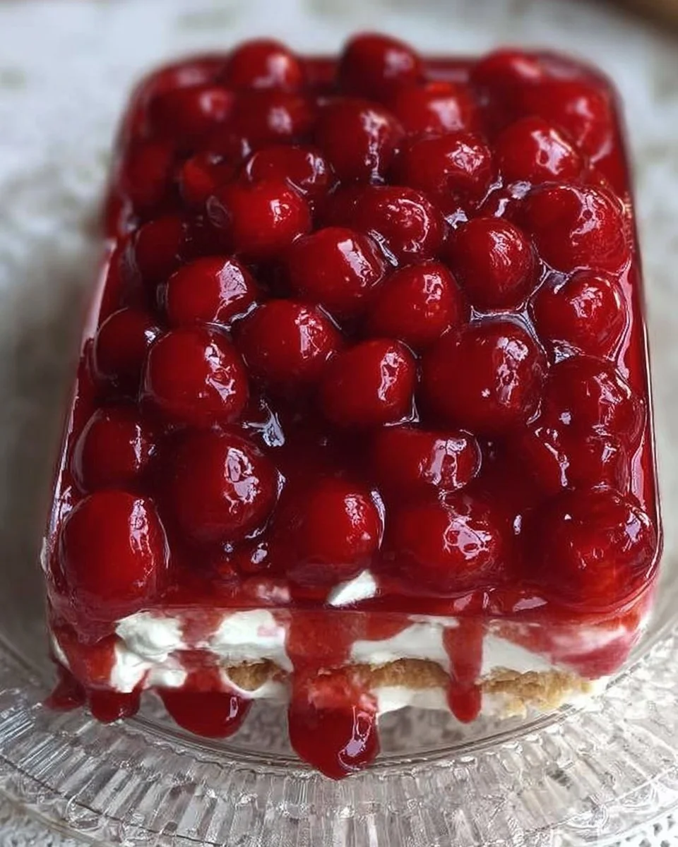 Grandma's Cherry Delight dessert topped with cherries and whipped cream