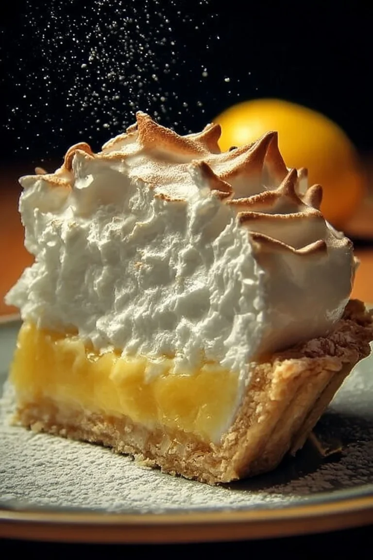 Delicious slice of Grandma's Lemon Meringue Pie topped with fluffy meringue.