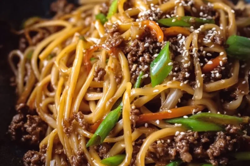 Delicious Ground Beef Mongolian Noodles served in a bowl