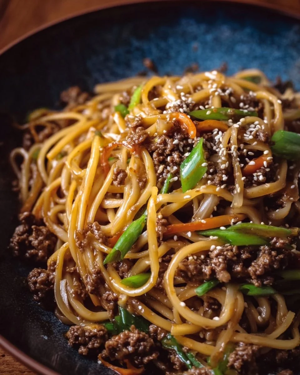Delicious Ground Beef Mongolian Noodles served in a bowl