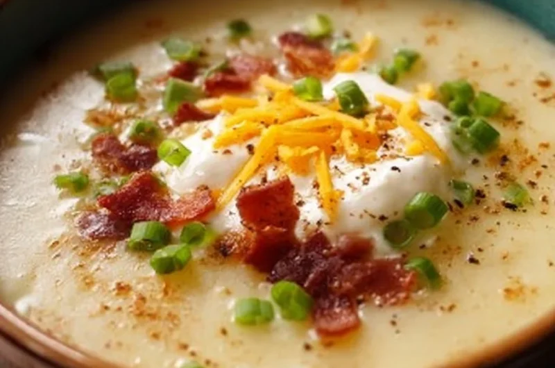 Bowl of homemade loaded potato soup topped with cheese and bacon