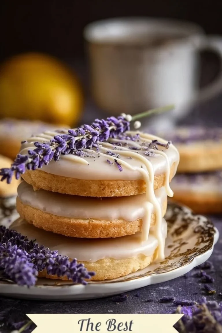 Iced lemon lavender shortbread cookies on a decorative plate.