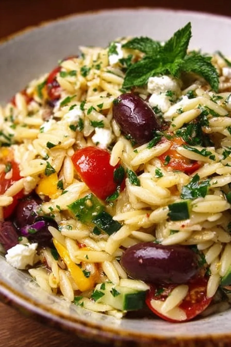 Mediterranean Orzo Salad with feta, olives, and fresh herbs in a bowl