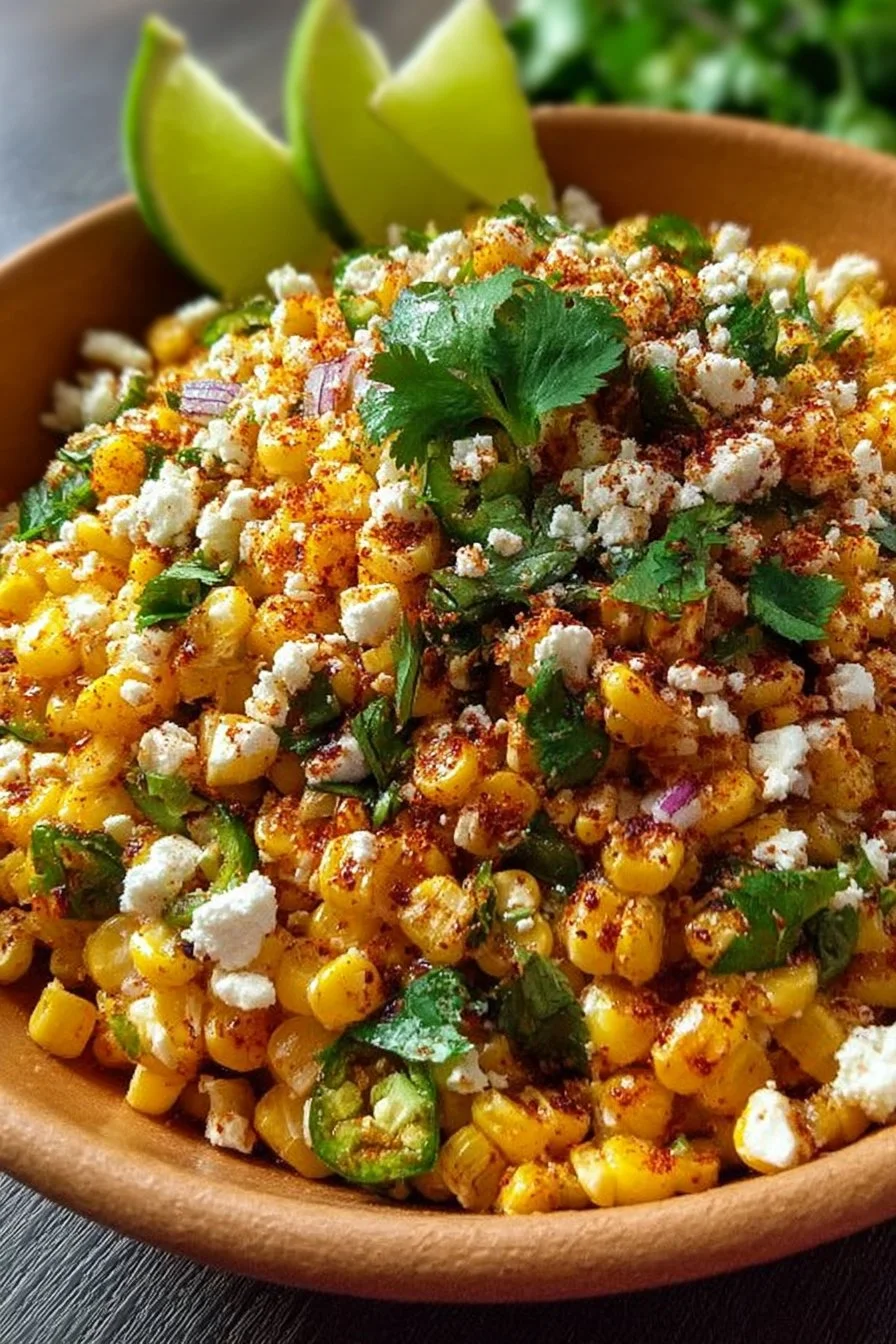 Bowl of vibrant Mexican street corn salad with fresh ingredients and spices.