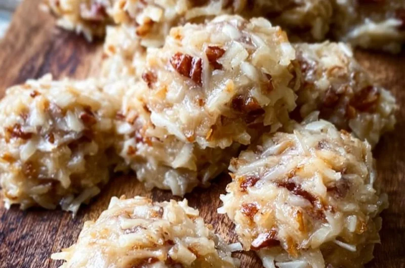 No bake coconut praline cookies on a plate, topped with coconut flakes.