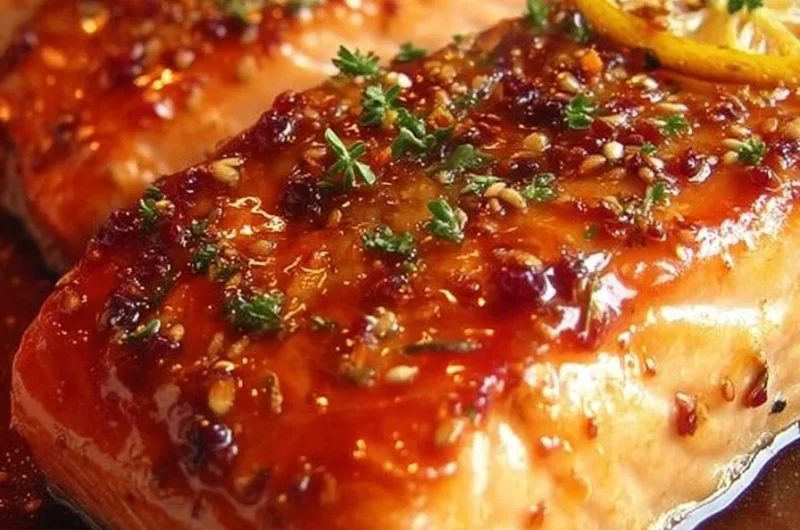 Delicious orange glazed salmon plated with vibrant colors and garnishes