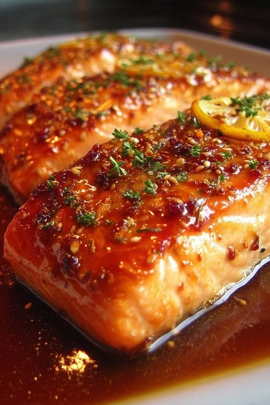 Delicious orange glazed salmon plated with vibrant colors and garnishes