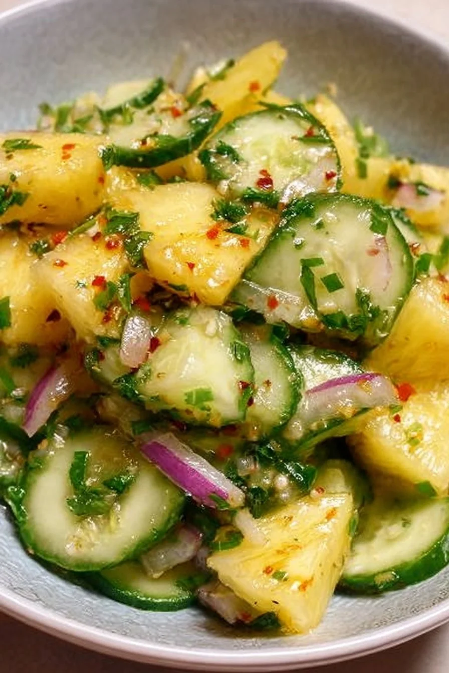 Fresh pineapple cucumber salad with vibrant colors and ingredients