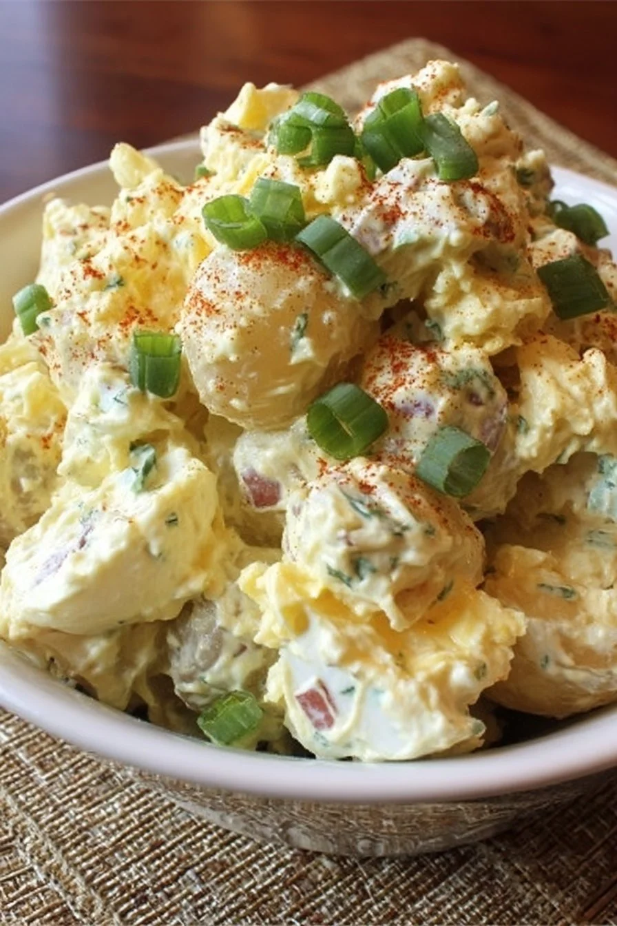 Bowl of southern-style potato salad with eggs and herbs