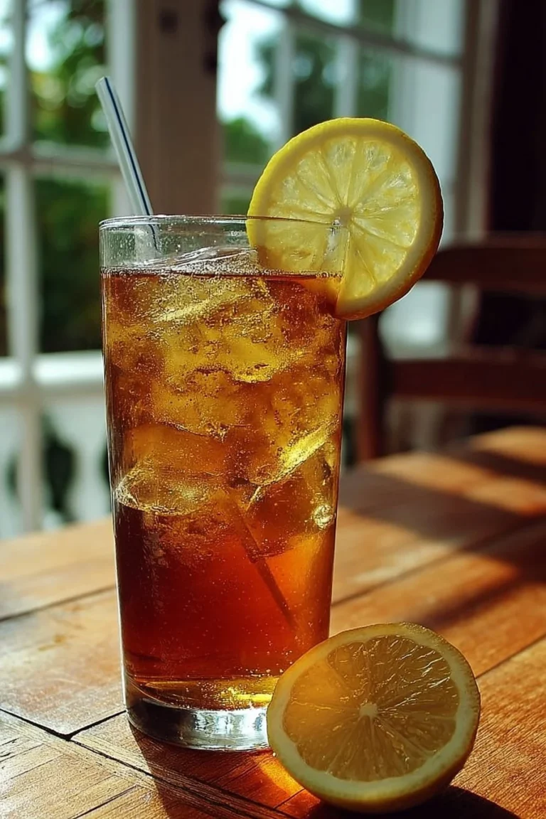 A beautifully crafted Long Island Iced Tea in a glass with lemon garnish.