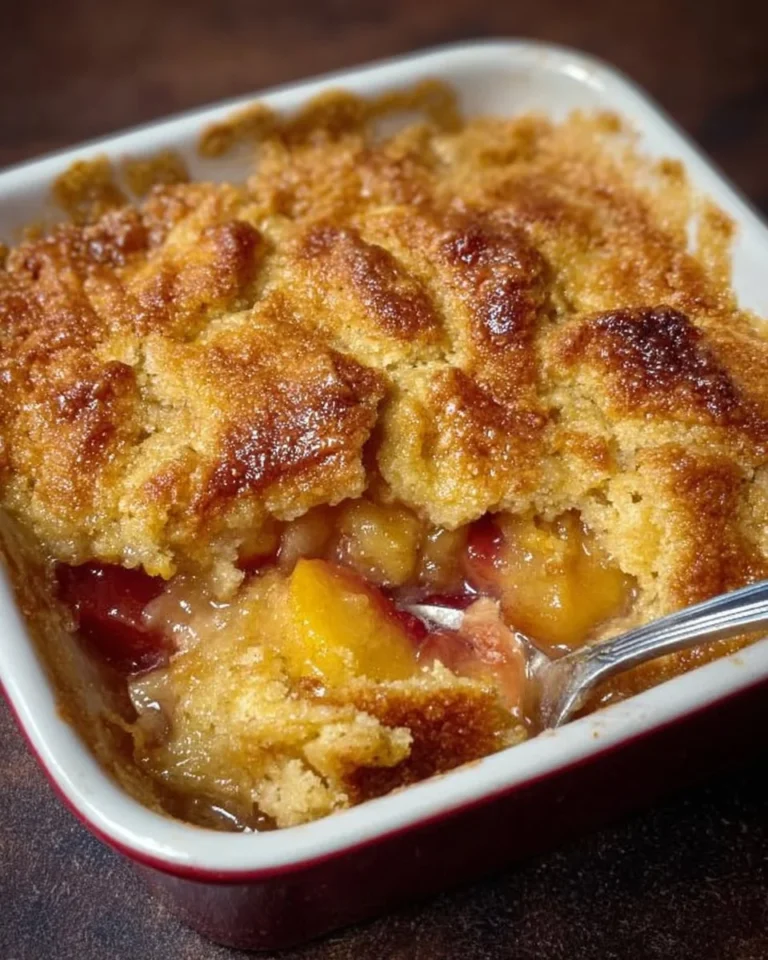 Delicious peach cobbler with a golden crust and fresh peaches