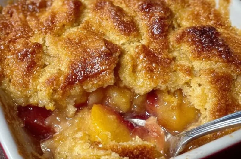 Delicious peach cobbler with a golden crust and fresh peaches