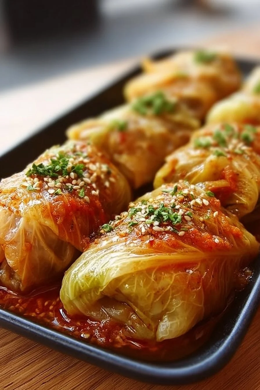 Plate of homemade stuffed cabbage rolls garnished with herbs