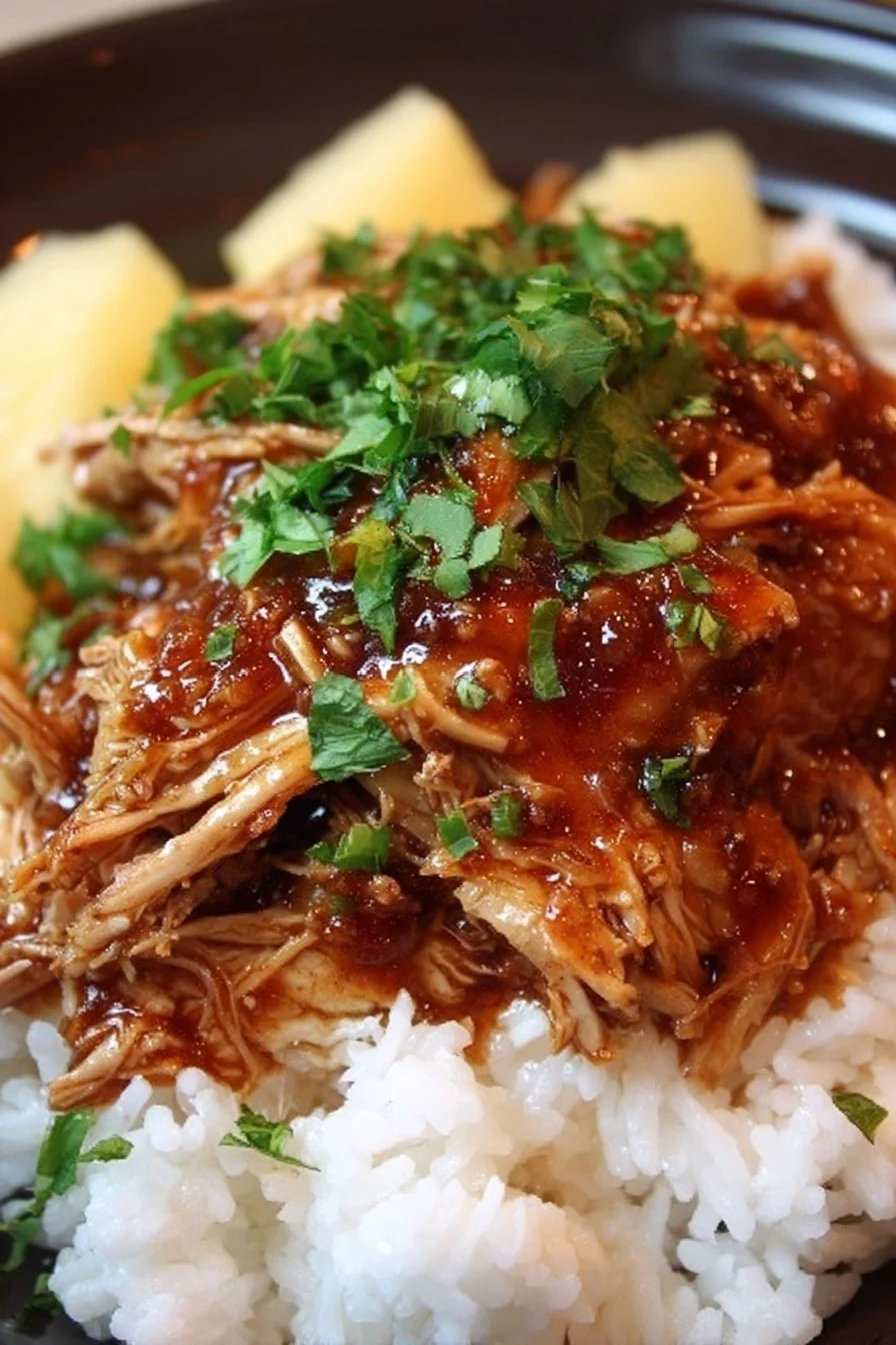 Delicious Sweet Hawaiian Crockpot Chicken served in a bowl with pineapple and rice
