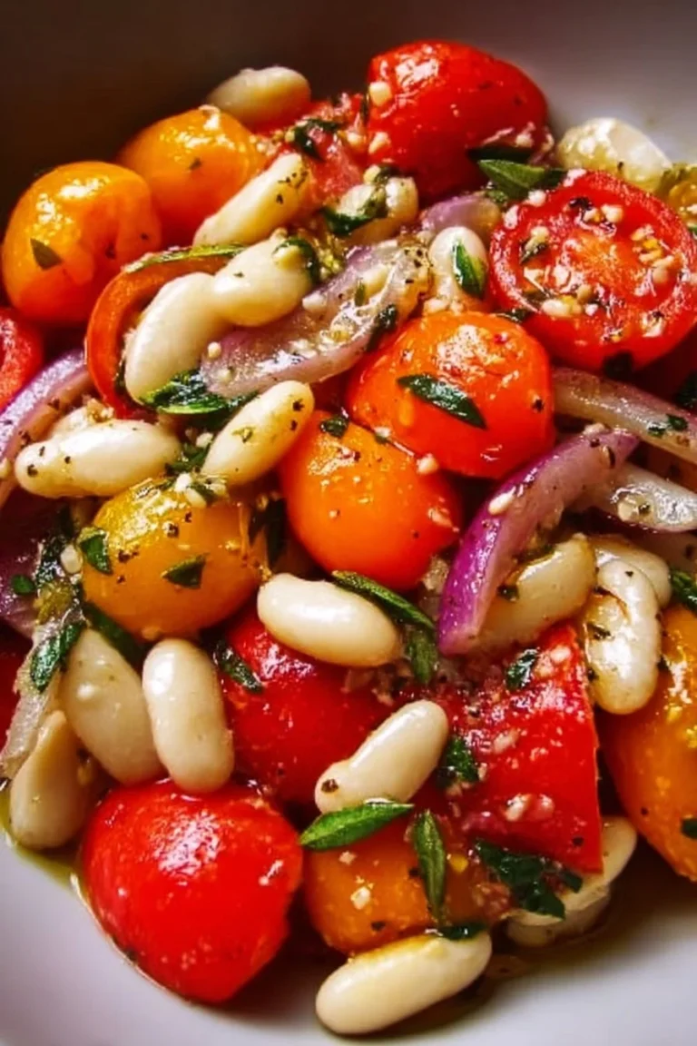 Tangy cherry tomato and white bean salad served in a bowl