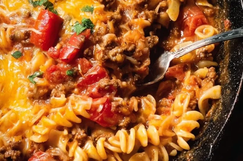 Delicious Taco Pasta Bake topped with cheese and fresh ingredients