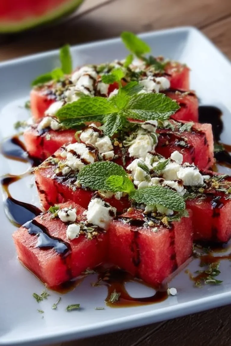 Delicious watermelon feta salad topped with mint and balsamic glaze